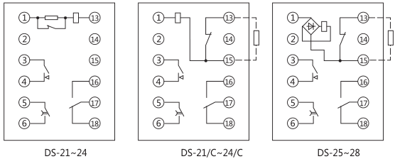 DS-24C時間繼電器內部接線及外引接線圖(正視圖)