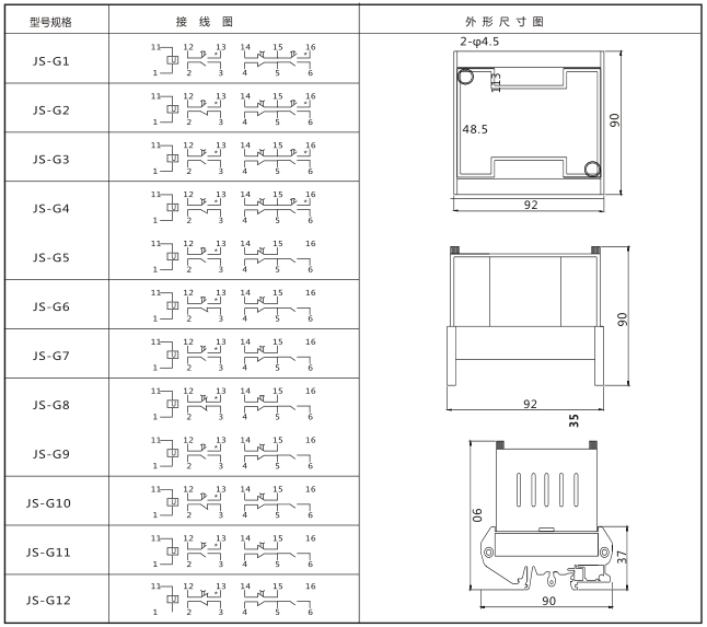 JS-G7端子排靜態時間繼電器內部端子外引圖及安裝開孔尺寸圖片