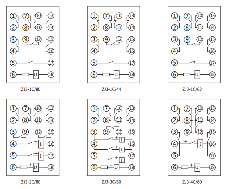 ZJ3-3C/80快速中間繼電器內部接線圖及外引接線圖(正視圖)