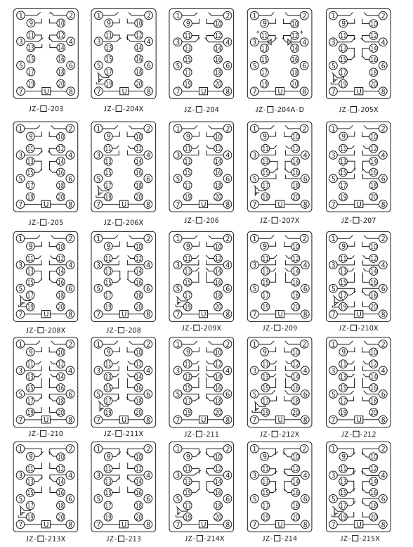 JZY（J)-204X靜態中間繼電器內部接線圖及外引接線圖