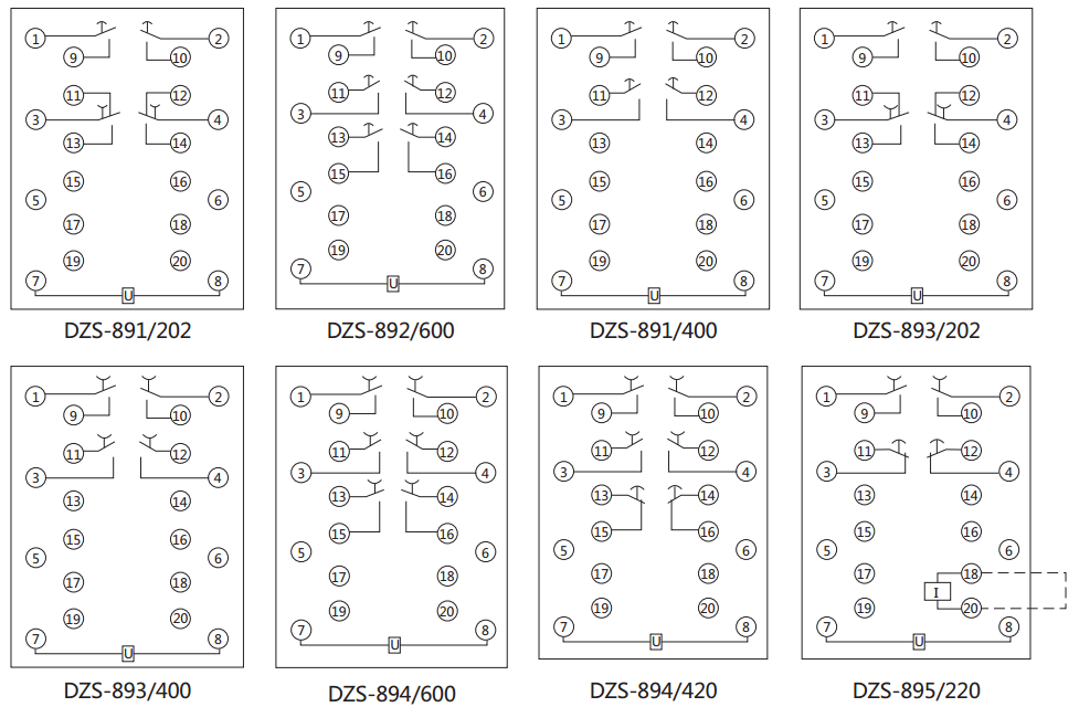 DZS-894延時中間繼電器內部接線圖及外引接線圖（背視）